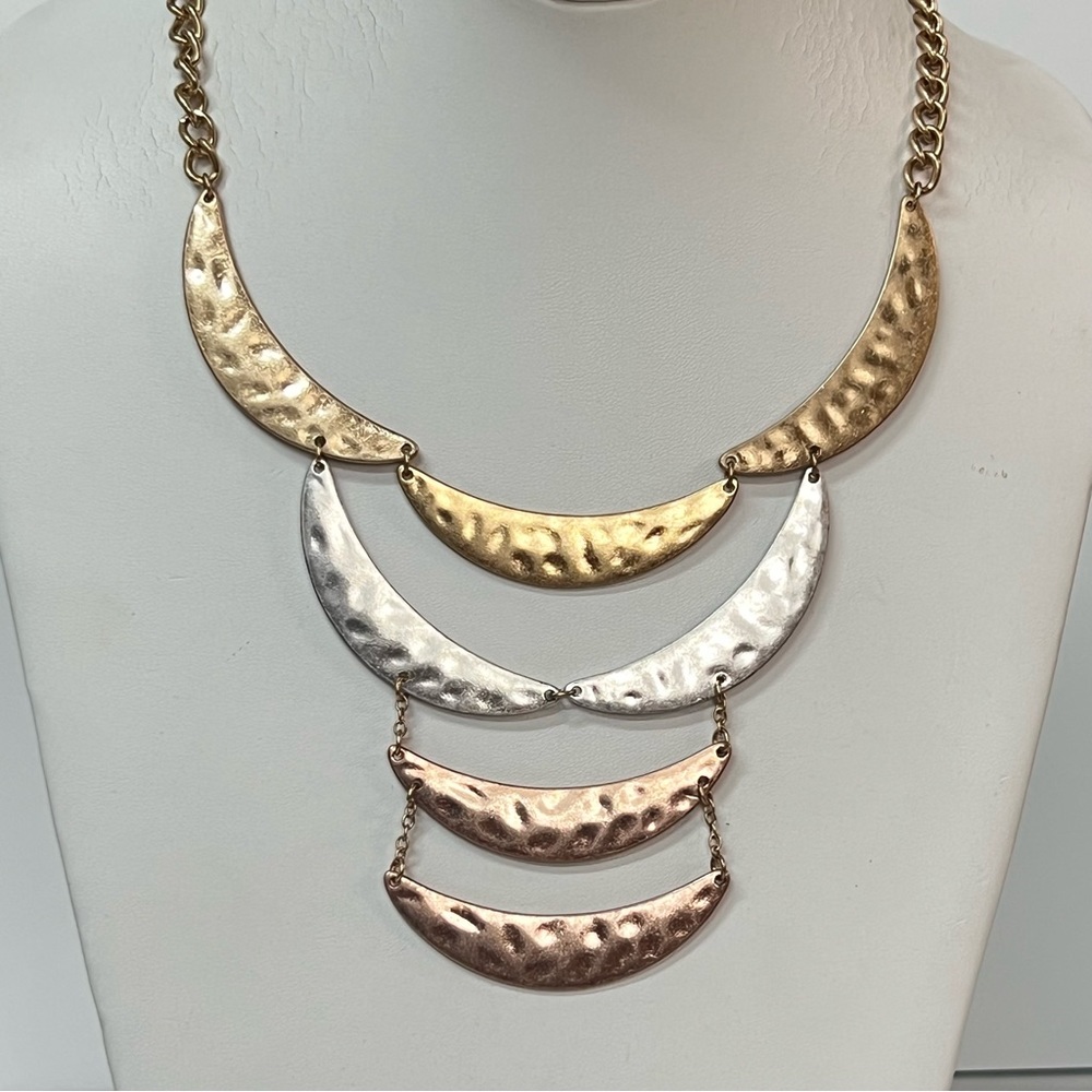 Three Toned Hammered Layered Necklace Gold Silver Rose